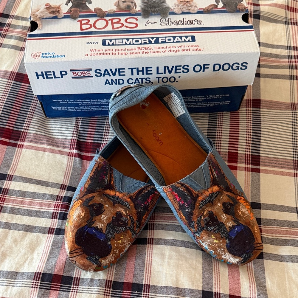 Skechers BOBS Blue Dog Pattern Slip-Ons